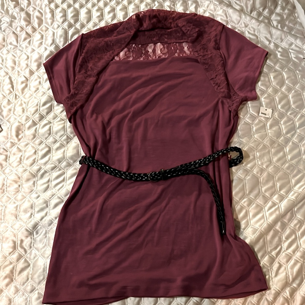 Women’s blouse with belt. Burgundy w/lace shoulders & black leather belt.
